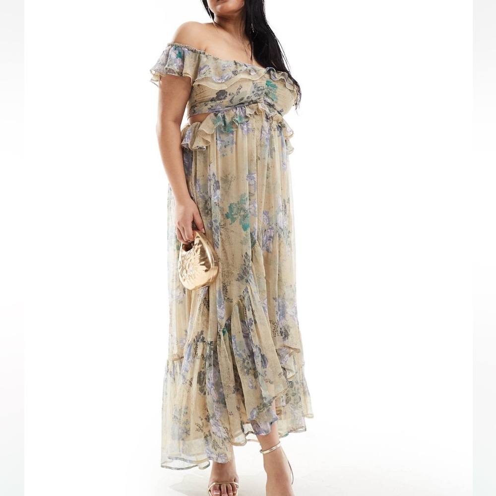 ASOS Curve Tiered Ruffle Off Shoulder Floral Dress
